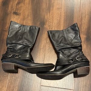 Paul Green Muchen Black Leather Heeled Boots with Buckle Detail Mid-Calf